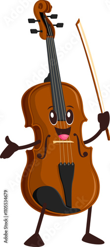 Cartoon funny violin character. Isolated vector musical string instrument, cute cello personage with smiling face and bow in hand playing classic music or promotes educational classes for kids