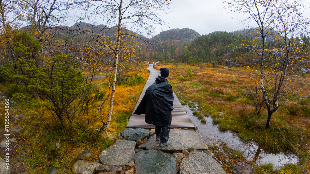 Walking on a Boardwalk in Autumn Rain Walking on a Boardwalk in Autumn Rain
