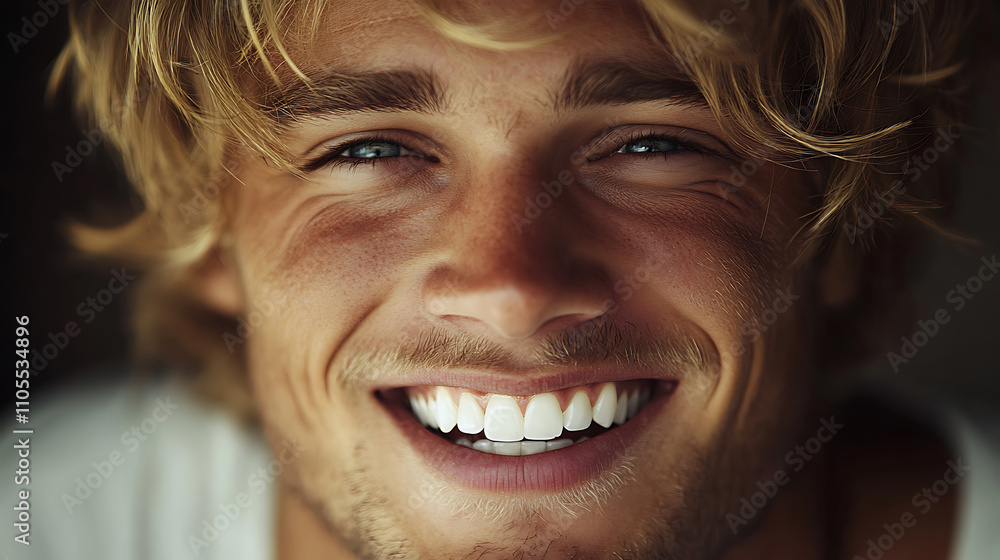 Handsome man with blond hair smiling brightly, showcasing his charming personality and joyful expression. His warm smile radiates happiness and confidence Handsome man with blond hair smiling brightly, showcasing his charming personality and joyful expression. His warm smile radiates happiness and confidence