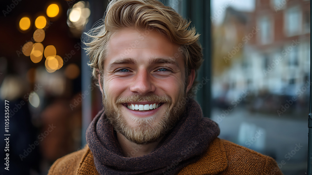 Handsome man smiling with blond hair and beard, wearing brown coat and scarf, exuding warmth and joy in cozy outdoor setting Handsome man smiling with blond hair and beard, wearing brown coat and scarf, exuding warmth and joy in cozy outdoor setting