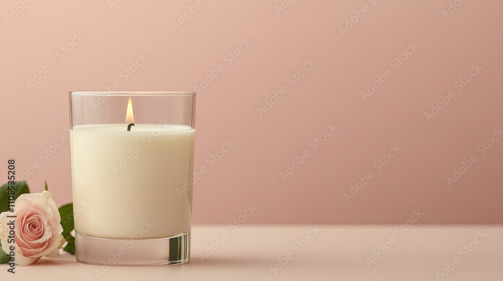 A serene candle illuminates a soft pink background, accompanied by a delicate rose, creating a tranquil and inviting atmosphere. A serene candle illuminates a soft pink background, accompanied by a delicate rose, creating a tranquil and inviting atmosphere.