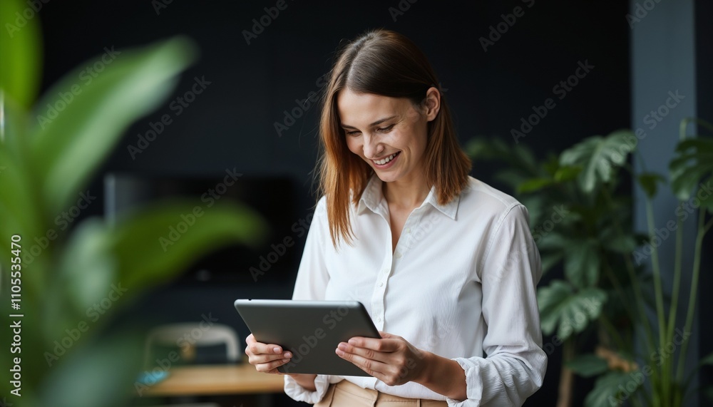 A confident woman stands in a modern office with green plants, using a digital tablet. She is smiling and surrounded by indoor plants, reflecting a positive and productive work atmosphere.
A confident woman stands in a modern office with green plants, using a digital tablet. She is smiling and surrounded by indoor plants, reflecting a positive and productive work atmosphere.