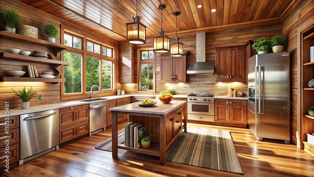 Cozy Wood-Paneled Kitchen with Refrigerator and Cooking Cabinet Showcasing Rustic Charm and Modern Functionality in a Bright and Inviting Atmosphere Cozy Wood-Paneled Kitchen with Refrigerator and Cooking Cabinet Showcasing Rustic Charm and Modern Functionality in a Bright and Inviting Atmosphere
