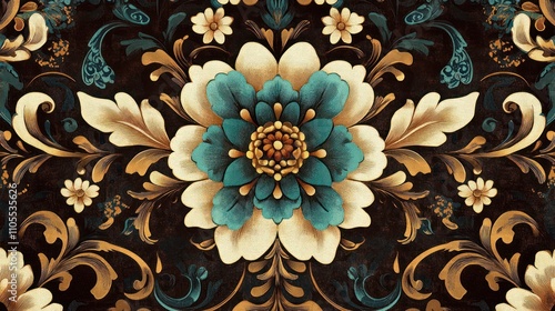 A decorative floral pattern featuring intricate designs in teal, gold, and cream against a dark background.