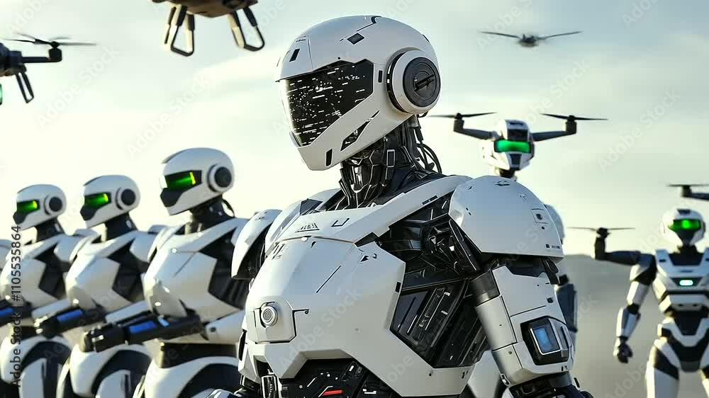 3_Futuristic Military Robots Patrolling Desert Landscape 3_Futuristic Military Robots Patrolling Desert Landscape