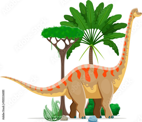 Brachiosaurus prehistoric dinosaur character. Late Jurassic paleontology era lizard. Isolated cartoon vector ancient herbivore sauropod reptile animal in natural environment with rock, trees and ferns