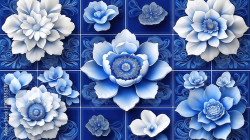 Decorative blue, white floral design. Ornamental flowers in 3D style. Patterned background for wall mural wallpaper. Sophisticated oriental decor. Intricate design. Perfect for interior design