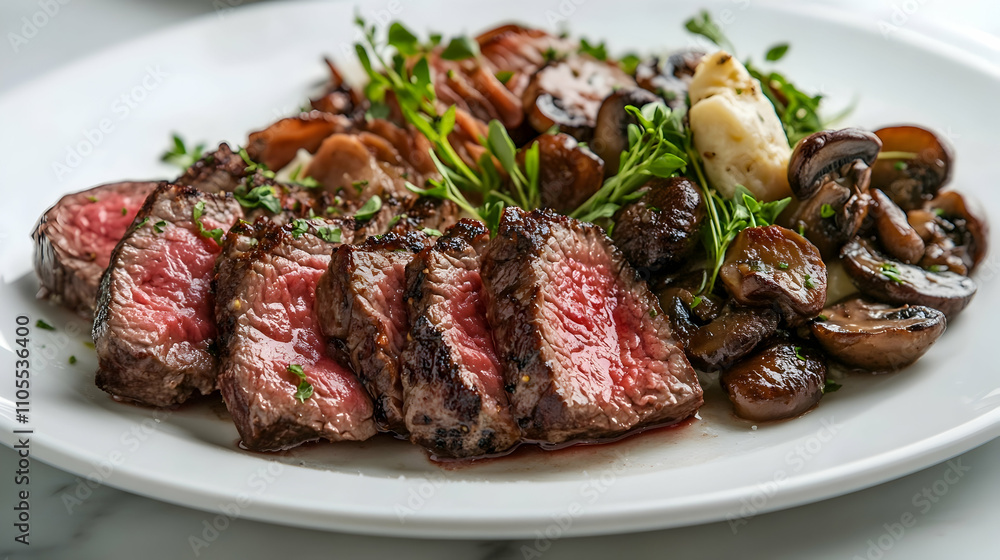Delicate Pan-Seared Japanese A5 Wagyu Beef Tenderloin with Black Garlic Puree, Roasted Bone Marrow and Wild Mushroom Fricassee, Professional Fine Dining Photography Delicate Pan-Seared Japanese A5 Wagyu Beef Tenderloin with Black Garlic Puree, Roasted Bone Marrow and Wild Mushroom Fricassee, Professional Fine Dining Photography