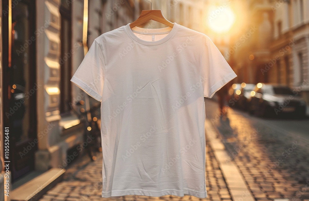 A plain white t-shirt hangs from a wooden hanger against a backdrop of a cobblestone street. The warm light of sunset creates a soft glow, enhancing the serene atmosphere A plain white t-shirt hangs from a wooden hanger against a backdrop of a cobblestone street. The warm light of sunset creates a soft glow, enhancing the serene atmosphere
