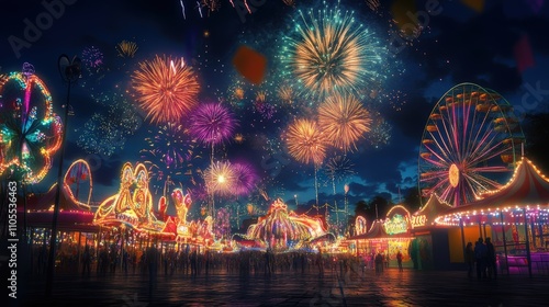 vibrant display of New Year fireworks illuminates lively carnival at night, with colorful rides and joyful crowds celebrating under dazzling sky