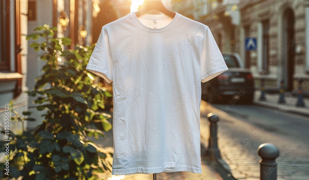 A plain white t-shirt is displayed on a hanger in a picturesque street during the evening. The warm sunlight casts a golden glow, enhancing the serene atmosphere of the urban setting A plain white t-shirt is displayed on a hanger in a picturesque street during the evening. The warm sunlight casts a golden glow, enhancing the serene atmosphere of the urban setting