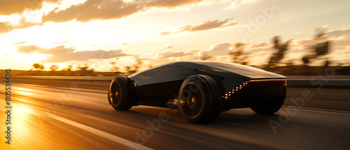 Futuristic Black Sports Car Speeding on Highway at Sunset