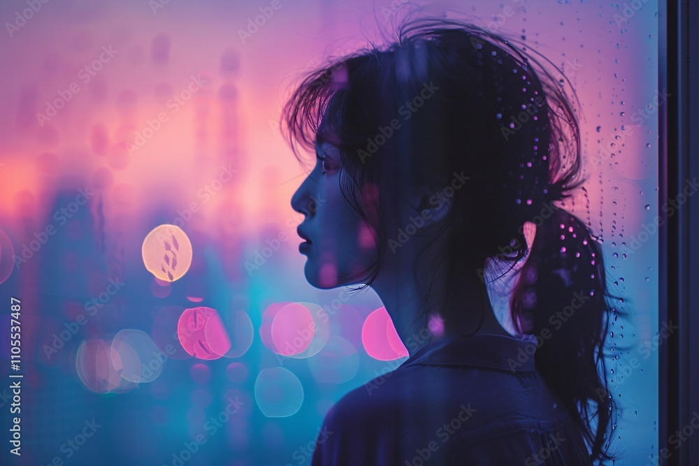 A woman with a ponytail stands by a window, looking outside at the colorful city lights blurred by rain. The twilight sky reflects shades of purple, pink, and blue, creating a dreamy atmosphere A woman with a ponytail stands by a window, looking outside at the colorful city lights blurred by rain. The twilight sky reflects shades of purple, pink, and blue, creating a dreamy atmosphere