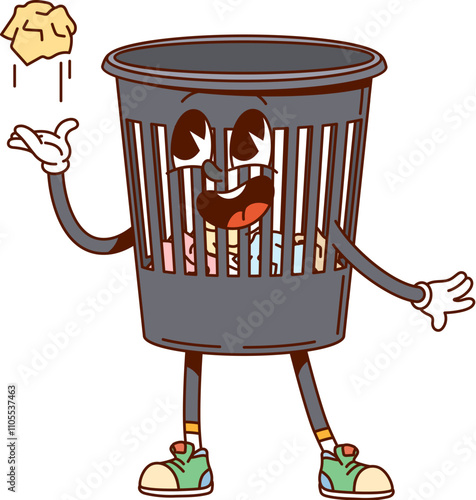 Groovy trash bin cleaning and household cartoon character with playful expression, wearing sneakers and filled with crumpled debris. Playful and cute retro wastes bucket personage play with paper ball