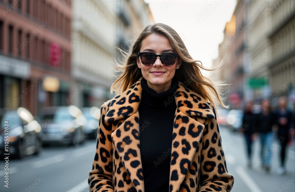 Young woman in stylish leopard print coat walks confidently through noisy urban street. Wears sunglasses, hair flows freely in wind. Cityscapes background softly blurred. Outfit modern expression of Young woman in stylish leopard print coat walks confidently through noisy urban street. Wears sunglasses, hair flows freely in wind. Cityscapes background softly blurred. Outfit modern expression of