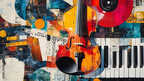Poster showcasing a contemporary art collage. The abstract artwork features a violin, colorful piano keys, and a vinyl record, symbolizing the fusion of classical and modern music