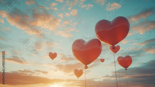 Valentine's Day balloons in the shape of hearts flying in the sky photo