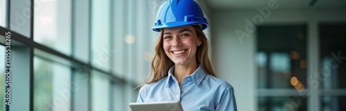 Young woman engineer smiles confidently holding tablet in modern office. Wears blue hard hat. Modern workplace setting. Pro, focused on design, planning, construction projects. Tech savvy, skilled.