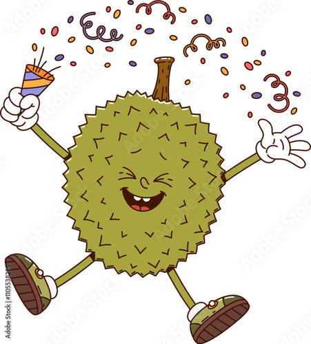 Cartoon groovy durian fruit character celebrates with a flapper. Isolated vector cheerful, tropical, ripe and healthy personage is smiling, jumping and waving hands, showcasing friendly positive vibes
