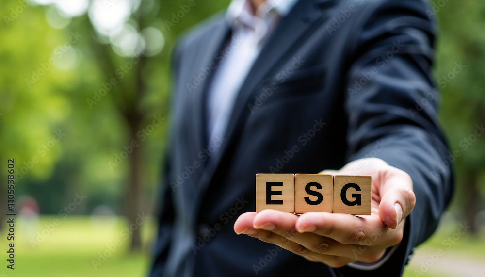 A businessman in a suit presents wooden blocks spelling ESG, symbolizing environmental, social, and governance matters, against a natural background, reflecting sustainability and responsibility.
A businessman in a suit presents wooden blocks spelling ESG, symbolizing environmental, social, and governance matters, against a natural background, reflecting sustainability and responsibility.