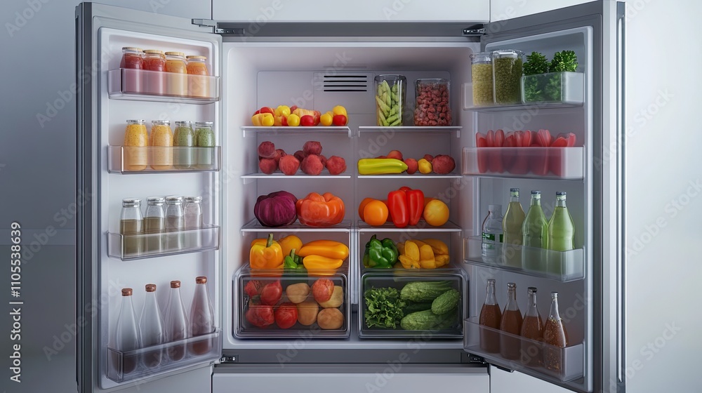 A vibrant and organized refrigerator filled with fresh fruits, vegetables, and beverages. A vibrant and organized refrigerator filled with fresh fruits, vegetables, and beverages.