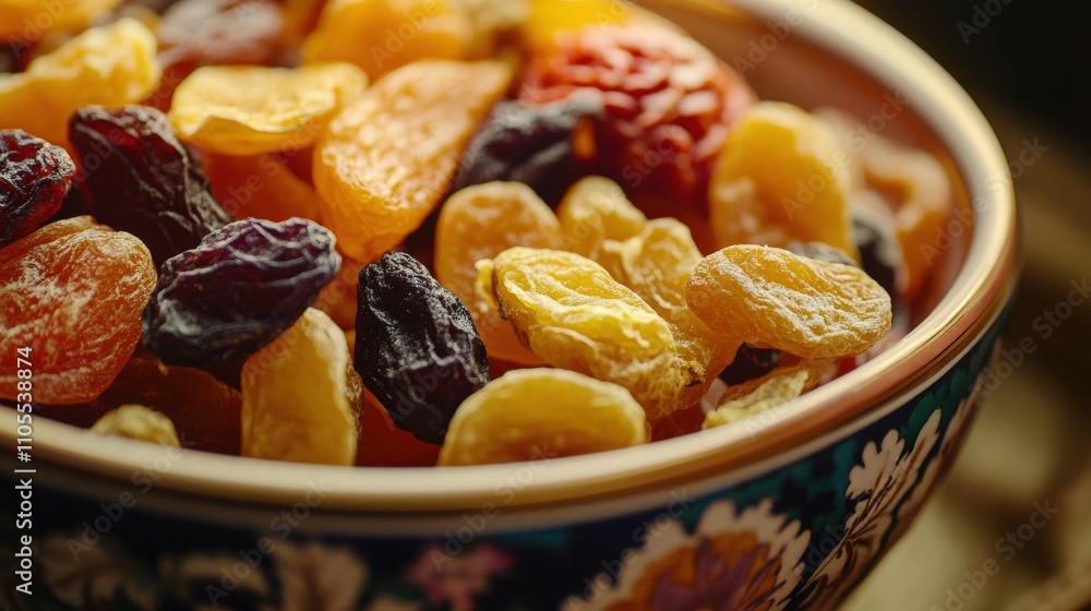 close up of variety of dried fruits in decorative bowl, showcasing vibrant colors and textures. assortment includes apricots, raisins, and more, creating visually appealing display close up of variety of dried fruits in decorative bowl, showcasing vibrant colors and textures. assortment includes apricots, raisins, and more, creating visually appealing display