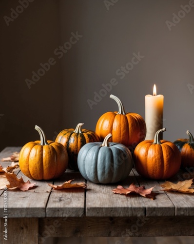 Group of Pumpkins on a Table with candle.