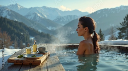 A young woman takes a bath outdoors at a mountain spa resort. Steam rises from the water. In the background - snow-capped mountain peaks.