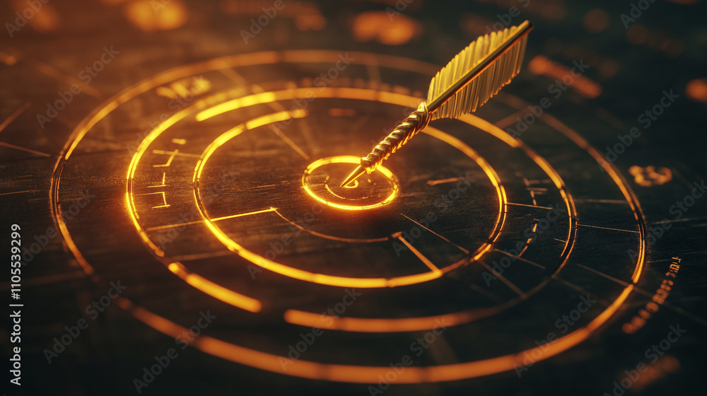 Arrow strikes the center of a glowing circular target in a dimly lit environment Arrow strikes the center of a glowing circular target in a dimly lit environment