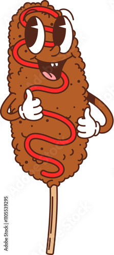 Cartoon groovy fast food corndog cute character. Fast food menu meal 60s 70s groovy mascot, funny retro cartoon isolated vector personage, takeaway cafe corndog or street snack cheerful character