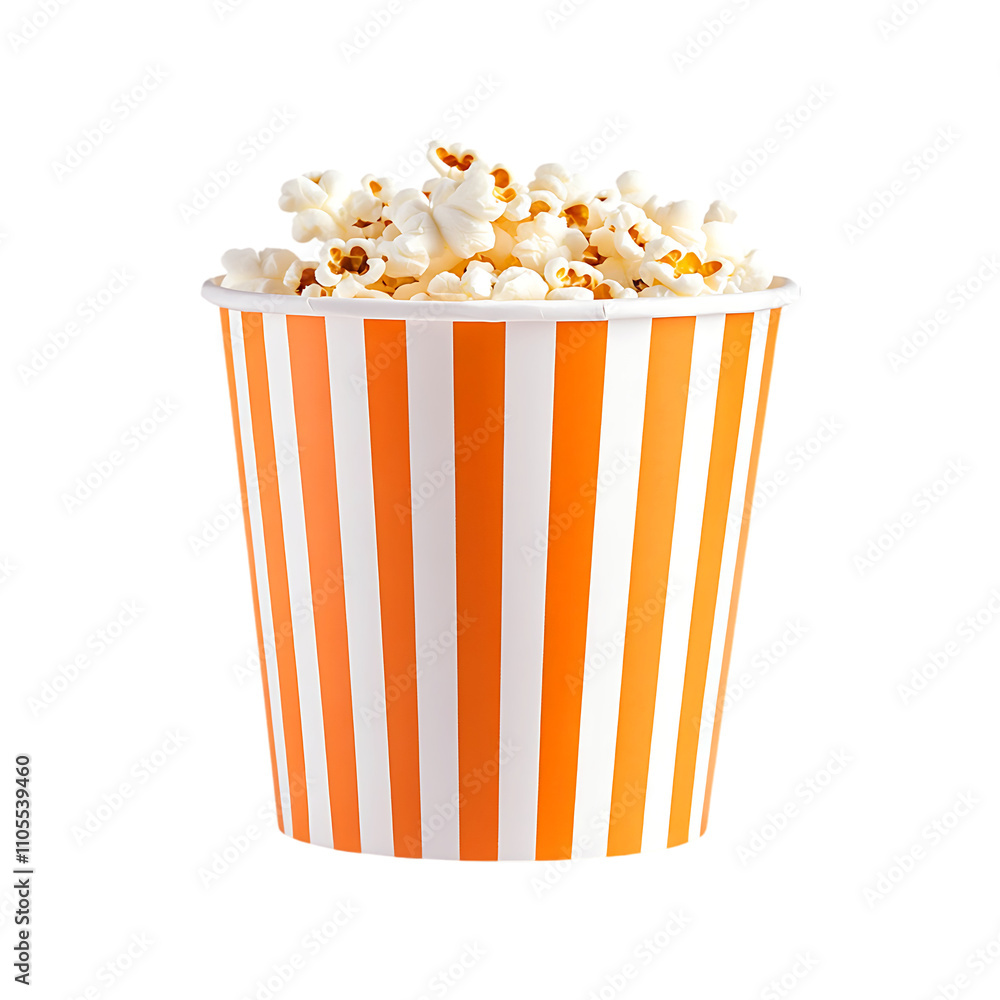 Tasty popcorn in an orange-white striped box isolated on a transparent background Tasty popcorn in an orange-white striped box isolated on a transparent background