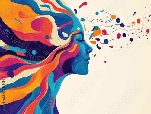 vibrant abstract illustration of woman profile with flowing colorful hair and dynamic shapes, conveying creativity and imagination