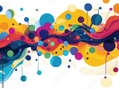 Colorful abstract design with dynamic, interconnected shapes and bold lines, featuring vibrant circles and flowing patterns. composition is lively and energetic, creating sense of movement