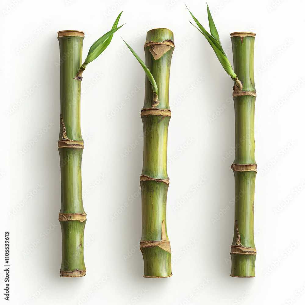 Obraz premium Three fresh bamboo shoots with green leaves are isolated on white background, showcasing their natural texture and vibrant color