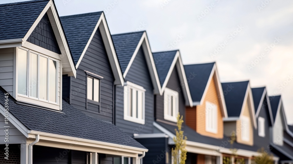 Row of modern suburban homes with triangular gabled roofs and varied siding colors under a cloudy sky Row of modern suburban homes with triangular gabled roofs and varied siding colors under a cloudy sky