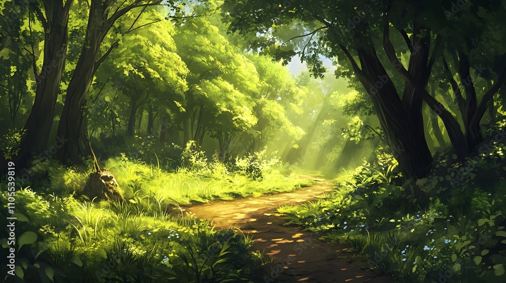 Naklejka premium 25. A lush green forest with a path leading into the trees, leaving a central open area for text