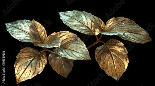 Gold and Teal Leaves Branch Isolated on Black