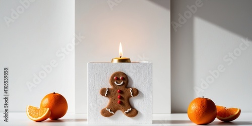 Festive gingerbread card with candle and oranges for holiday decor.