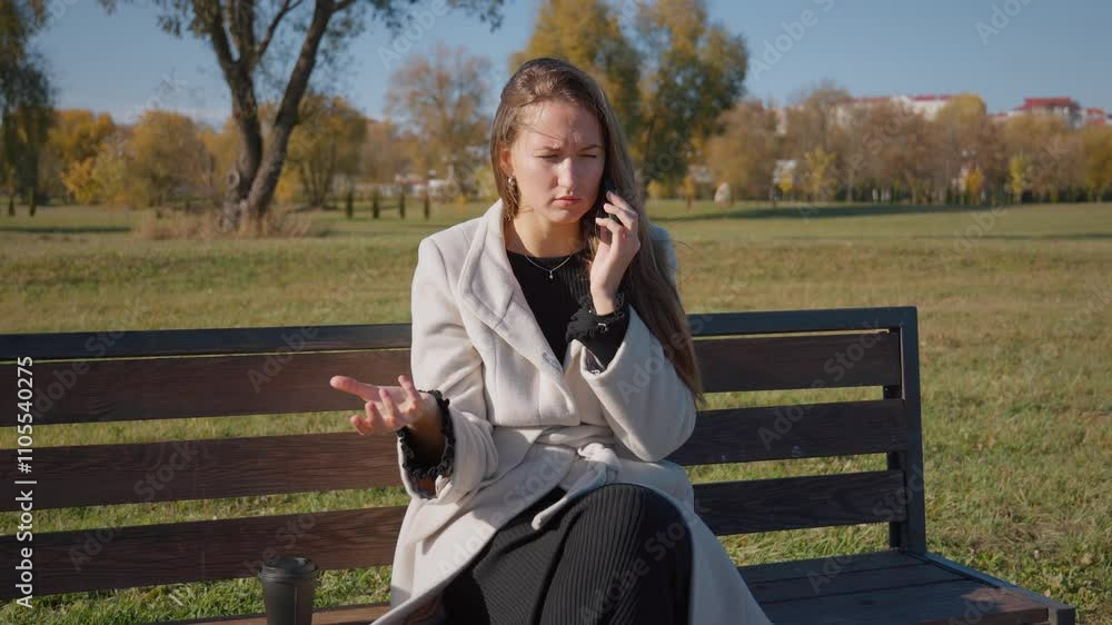 Young woman sitting on park bench receives upsetting news over phone, expressing emotions of frustration and disappointment while surrounded by autumn nature and sunlight Young woman sitting on park bench receives upsetting news over phone, expressing emotions of frustration and disappointment while surrounded by autumn nature and sunlight