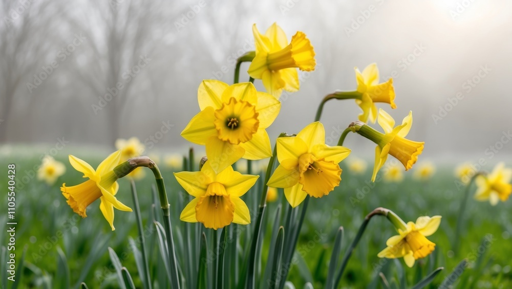 Obraz premium Bright yellow daffodils in lush spring field.