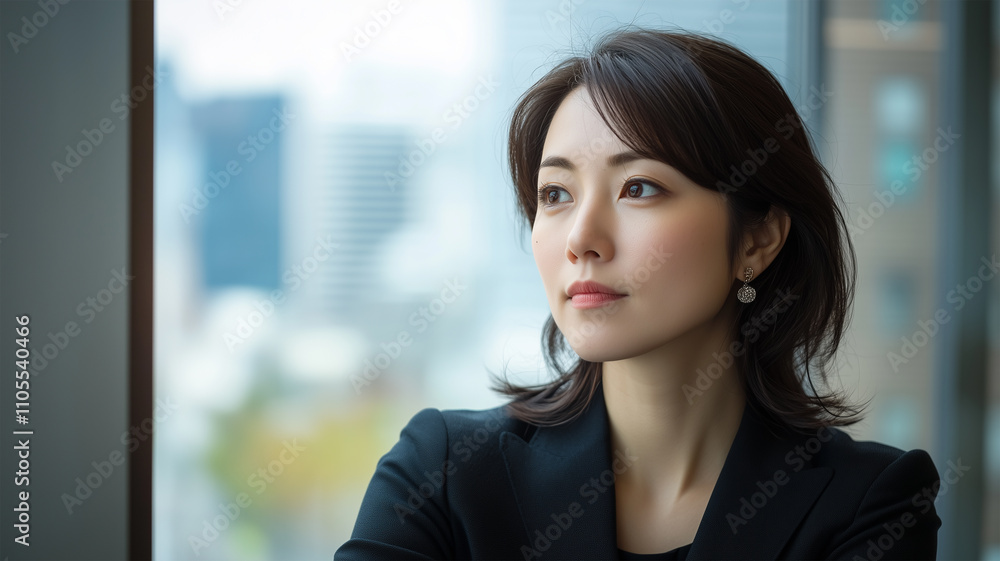 窓の外を見つめる日本人ビジネスウーマン 窓の外を見つめる日本人ビジネスウーマン