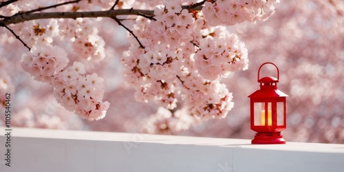 Serene Red Lantern Surrounded by Cherry Blossom Blooms. photo