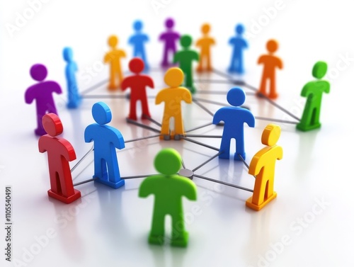 Colorful figures connected by lines symbolize vibrant network of communication and collaboration, illustrating teamwork and interconnectedness in dynamic and engaging way