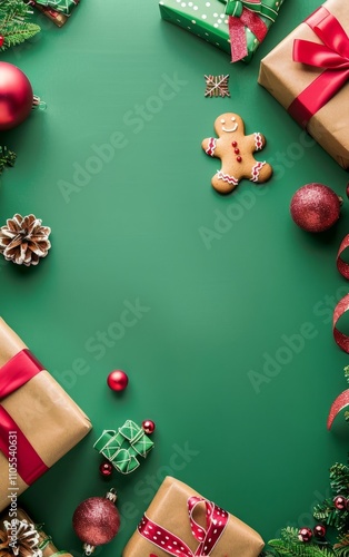 Colorful vertical Christmas presents and decorations on green background, featuring gingerbread man, festive ribbons, and ornaments to celebrate the holiday season 