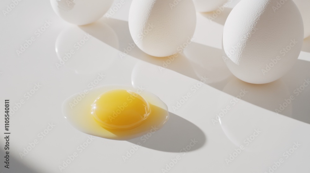 Cracked egg with yolk spilling out surrounded by empty eggshells, symbolizing food safety recall on clean white surface. Cracked egg with yolk spilling out surrounded by empty eggshells, symbolizing food safety recall on clean white surface.