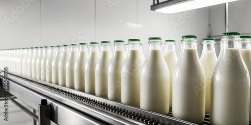 Milk Bottling Plant Conveyor Belt with Glass Bottles Filled with Milk.
