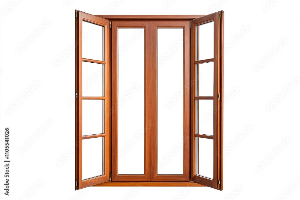 Close-up wooden window with sash and transom in the center, glazed doors. Close-up wooden window with sash and transom in the center, glazed doors.