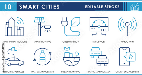 A set of line icons related to Smart Cities. Smart, infrastructure, vehicles, traffic, planning, IOT, waste management, and so on. Vector editable stroke.