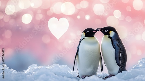 A Valentine's heart overlay shows a pair of penguins standing close together on snowy terrain.  photo