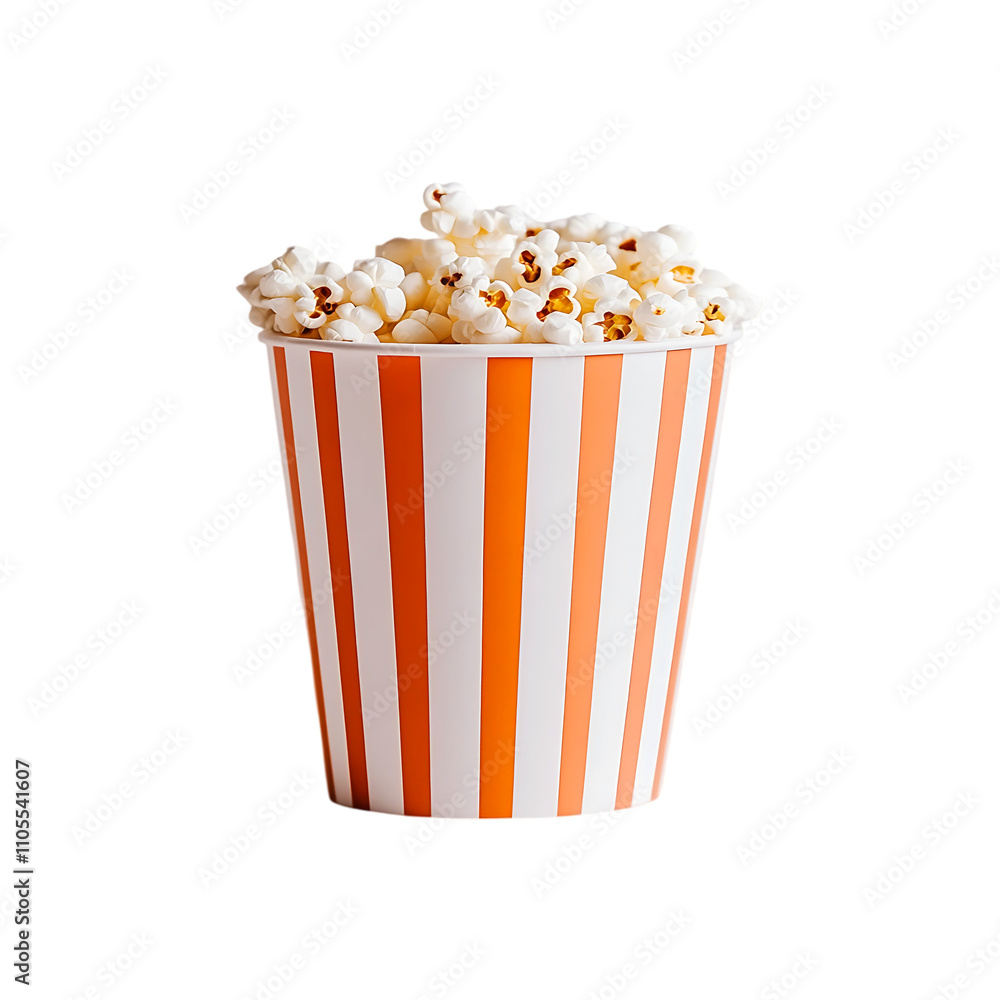 Tasty popcorn in an orange-white striped box isolated on a transparent background Tasty popcorn in an orange-white striped box isolated on a transparent background